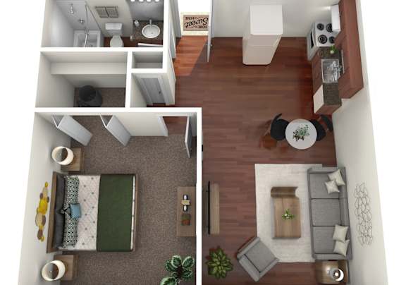A 3D rendered image of a small apartment layout.