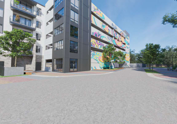 a large building with a mural on the side of it