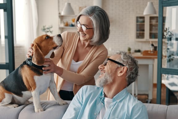 a man and a woman sitting on a couch with a dog at Mira at Palmer Ranch, Sarasota, FL