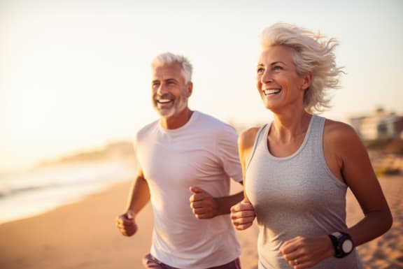 an older man and woman running on the beach at Mira at Palmer Ranch, Sarasota, 34238