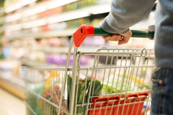 A person is pushing a shopping cart in a grocery store.