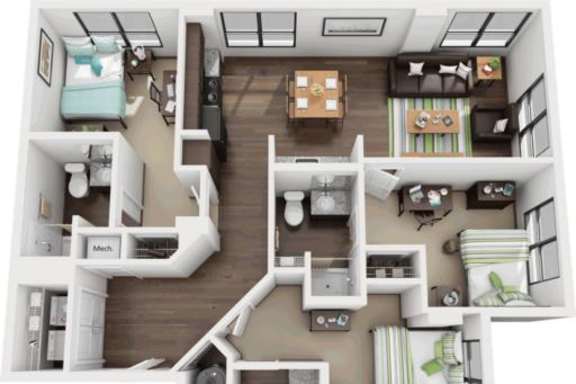 Large Bedroom, Private Bath in 3x3 Floor Plan grade image