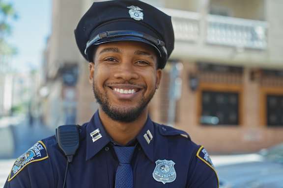 A police officer is standing in front of a building.