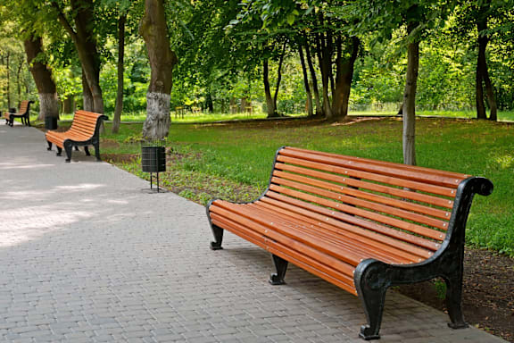 A park with benches and trees.