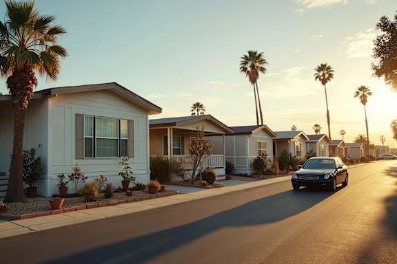 A car is driving down a street lined with houses and palm trees.