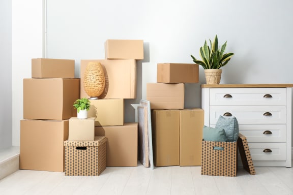 a room filled with cardboard boxes and a dresser  at Altis Grand Lake Willis, Orlando, FL