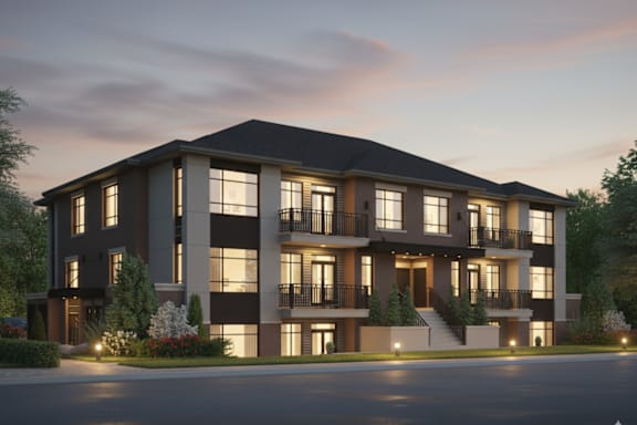 A modern apartment building with a balcony on the second floor.