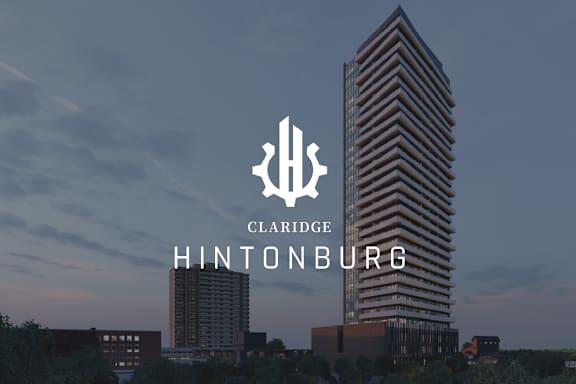 A tall building with a modern design is the focal point of the image, with the words "CLARIDGE HINTONBURG" prominently displayed.