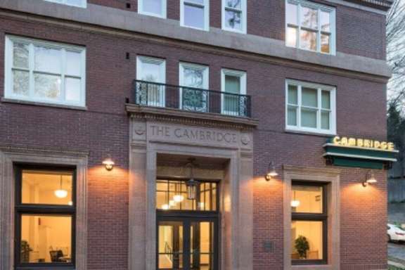 Building at night at Cambridge Apartments, Seattle, Washington