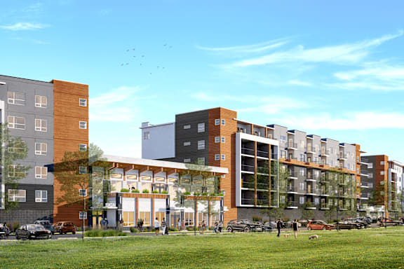 A row of modern apartment buildings are shown in the image.