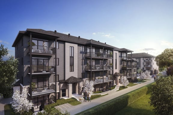 a rendering of an apartment building on a sidewalk