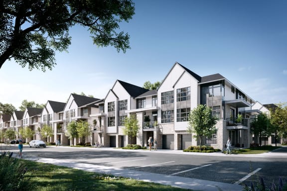 a rendering of a group of town houses on a street