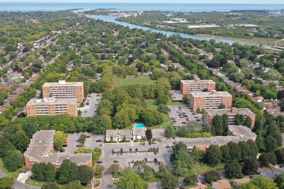 St. Lawrence Village in St. Catharines, ON drone image of buildings