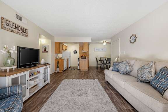 A living room with a couch, television, and a rug.