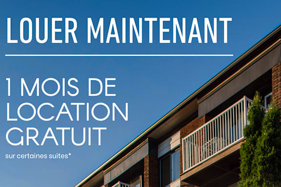 A poster advertising a free maintenance service for the first month for certain apartment suites in the Village Cité des Jeunes.