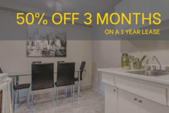 A kitchen with a 50% off 3 months on a 1 year lease offer.