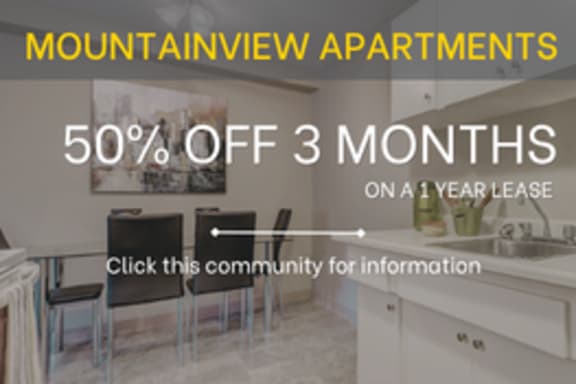 A promotional image for Mountainview Apartments offering a 50% discount on a 3-month lease.