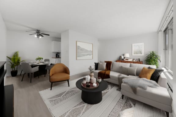a living room with a couch and a table