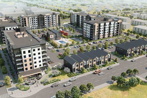 A rendering of a residential area with multiple buildings and roads.