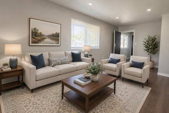 A living room with a white couch, two chairs, a coffee table, and a painting on the wall.