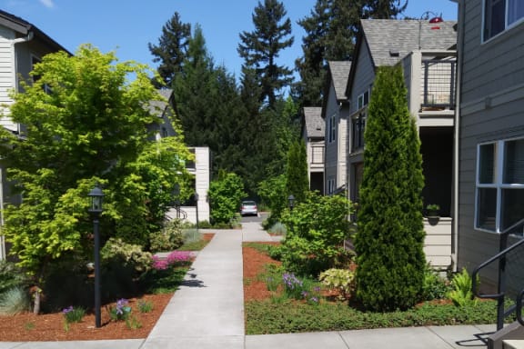a sidewalk in front of a row of houses