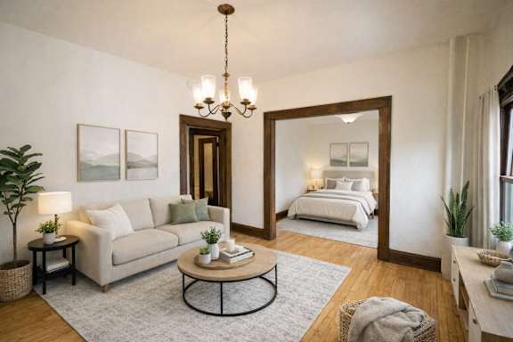 A well-lit, spacious living room with a couch, coffee table, and a large mirror.