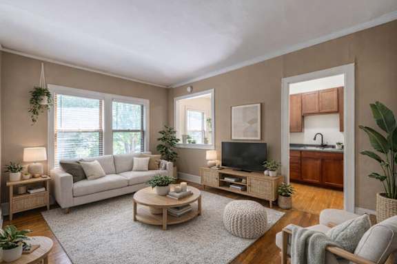 A living room with a grey sofa, a wooden coffee table, and a television.