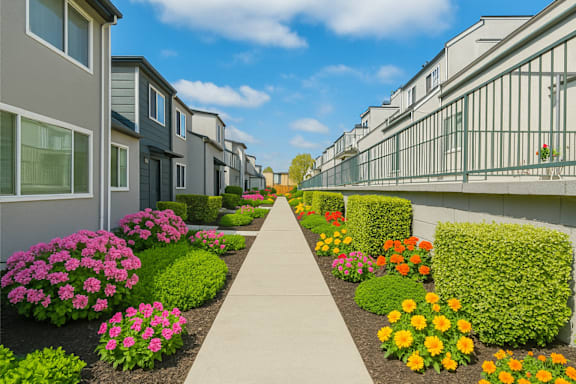 A row of houses with a sidewalk and flower beds in front at Oak Center Apartments, Oakland, CA