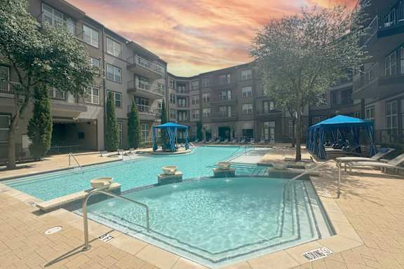 Swimming Pool And Relaxing Area at Civic at Frisco Square Apartments, Frisco