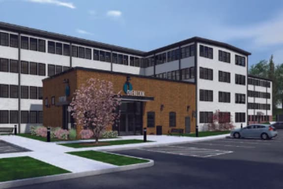 A building with a brown and white exterior and a tree with pink flowers in front.