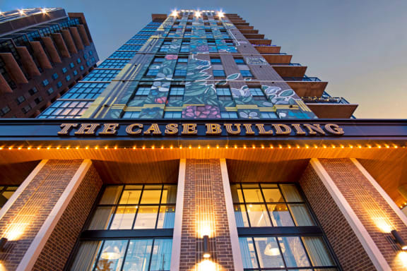 Looking up at The Case Building, apartments in Dallas, TX