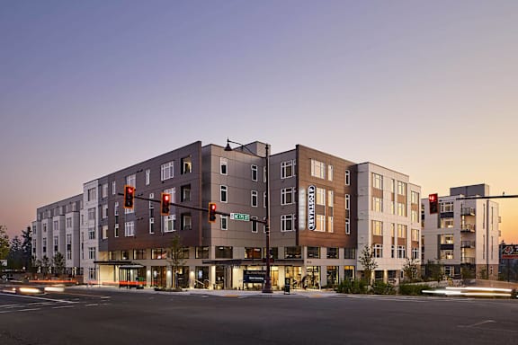 Building Exterior In Night at Postmark Apartments, Shoreline, WA 98155