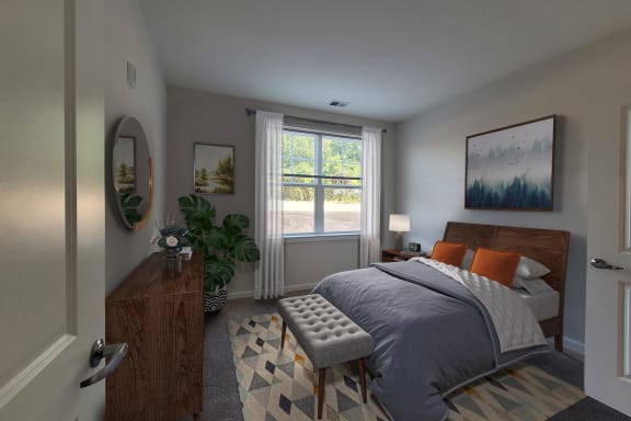 a bedroom with a bed and a dresser and a window