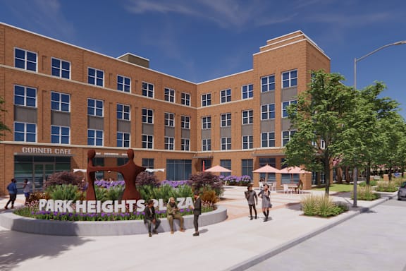 A rendering of a building with the words "Park Heights Plaza" on a sign in front of it.