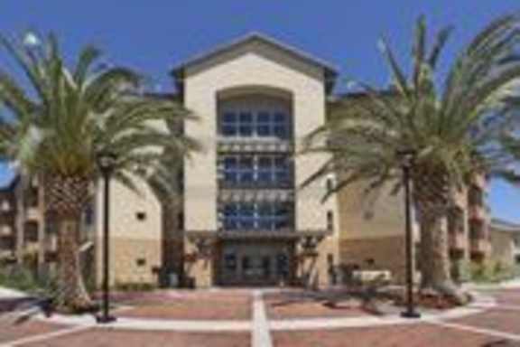 A building with a blue sky in the background and palm trees in front.