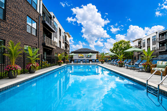 A swimming pool in a residential area surrounded by potted plants and chairs.