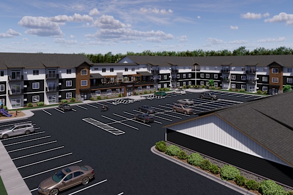 A rendering of a parking lot with a building and cars.
