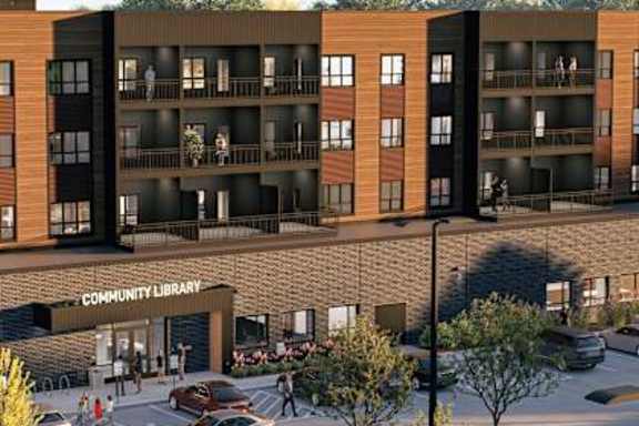 A community library is located in a multi-story building.