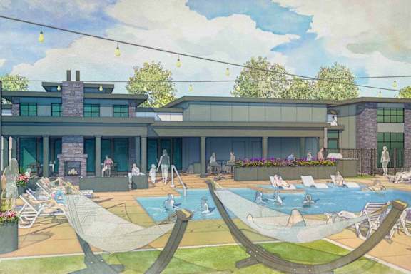 a painting of a swimming pool with chairs and umbrellas