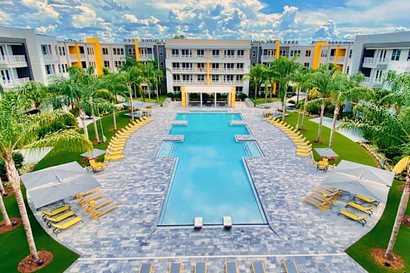A large swimming pool surrounded by yellow sun loungers and palm trees.
