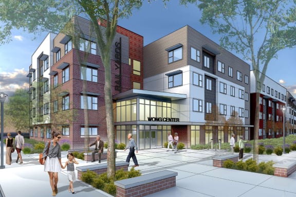 a rendering of a building with people walking in front of it