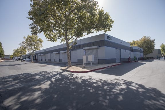Raley 80 Business Park in Sacramento, California, exterior building, parking lot, and a large tree