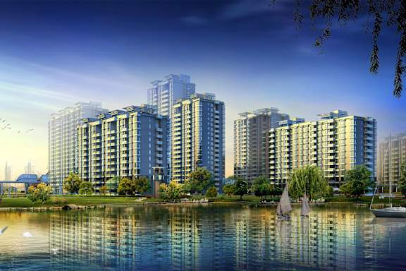 A serene waterfront scene with modern buildings, boats, and birds.