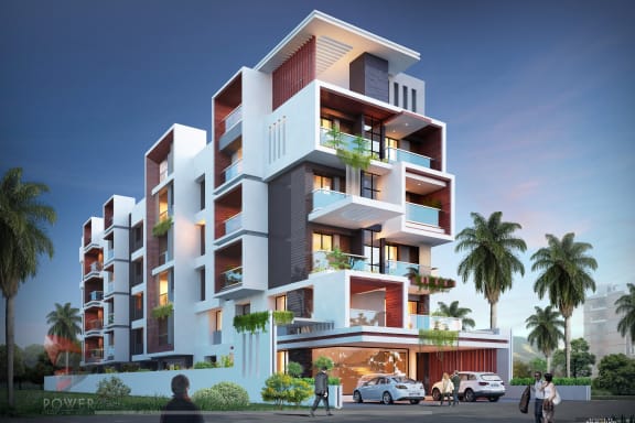 Residential apartment building houses. Front view with windows balconies with roof on sunny day.