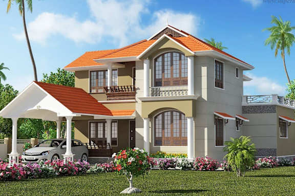A two-story house with a red roof and a carport is surrounded by a garden with flowers and palm trees.
