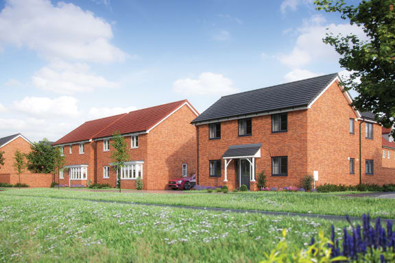 a rendering of a red brick house with a red car parked in front of it