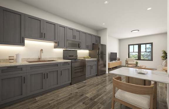 A modern kitchen with dark wood cabinets and a white countertop.