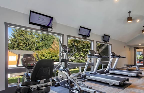 A home gym with treadmills, exercise bikes, and a television.