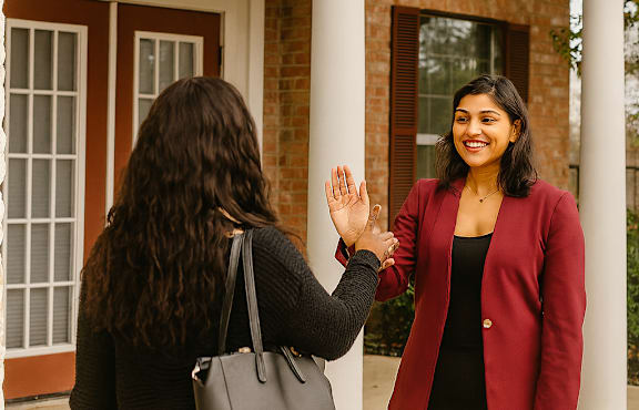 Two women are standing outside a house, one is waving.
