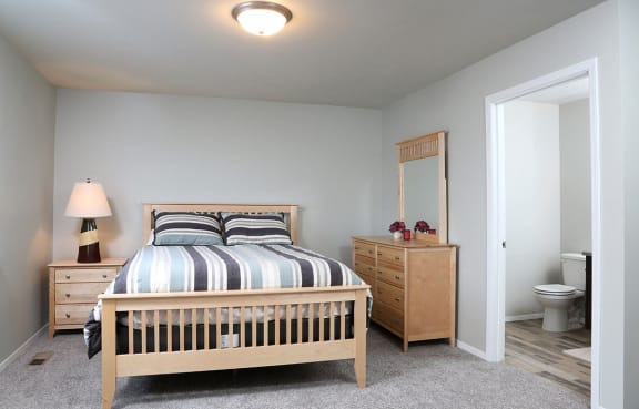 a bedroom with a bed and a dresser and a toilet